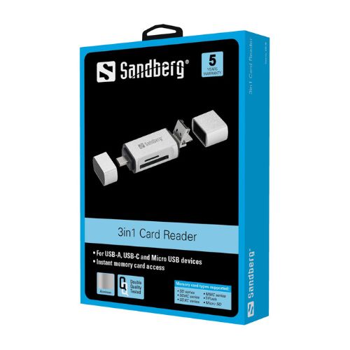 Четец на карти 3в1 за USB-C, Micro-USB и USB-A портове