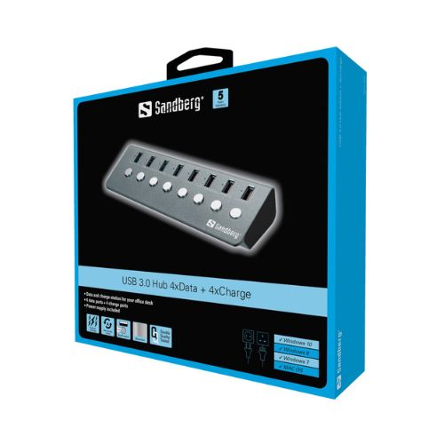 USB 3.0 хъб с четири USB порта за данни и четири USB порта за зареждане